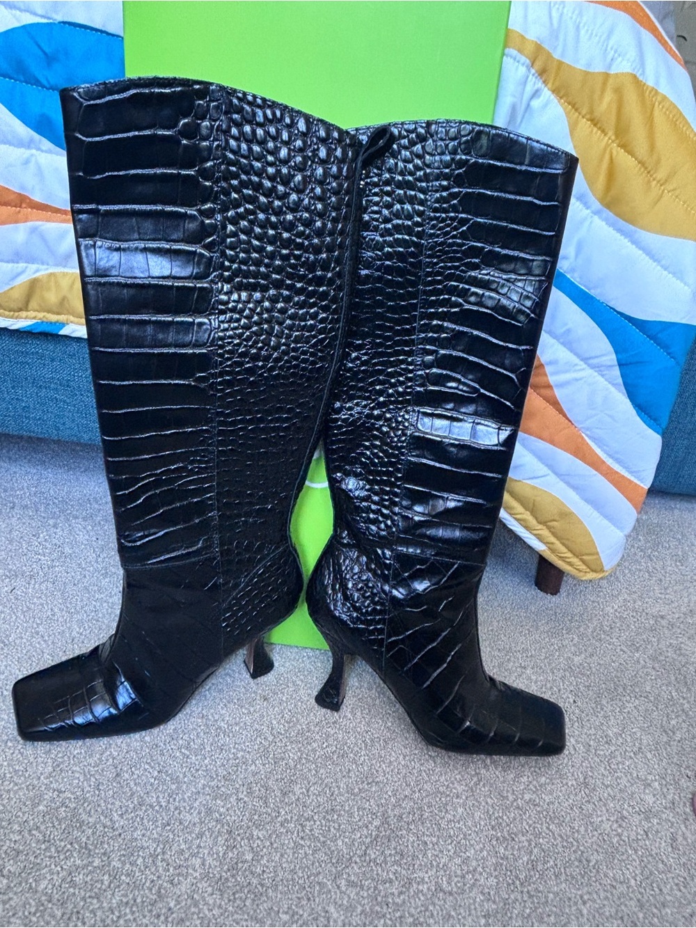 Sam Edelman Black Croc-Embossed Knee-High Heeled Boots